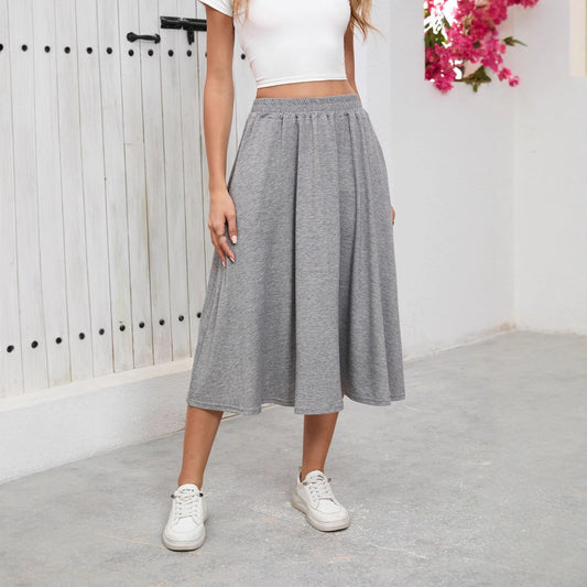 Solid Knit Skirt Casual A-Line Midi Elastic Waist
