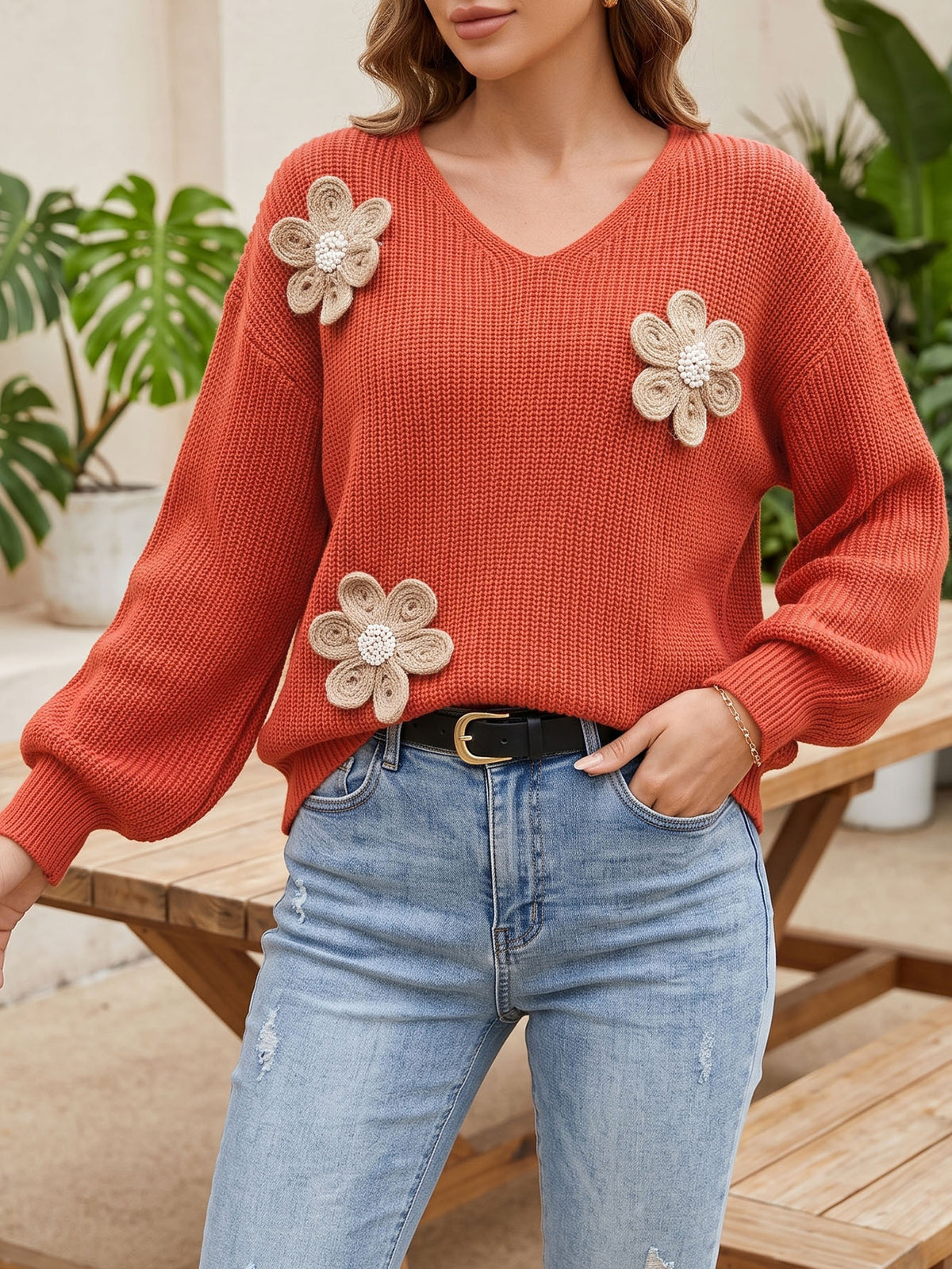 V-Neck Beaded Flower Sweater Balloon Sleeve Pullover