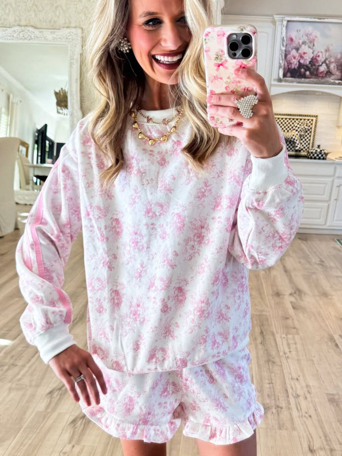 Women's Floral Sweatshirt & Ruffle Shorts Lounge Set