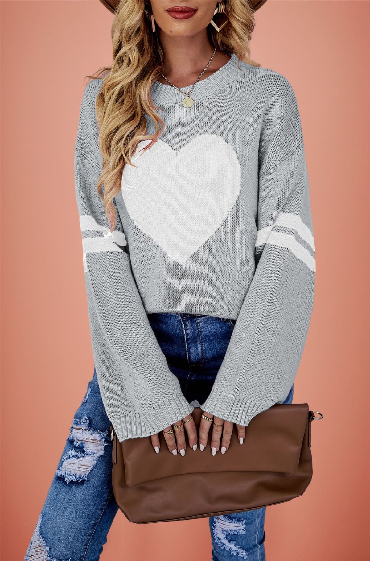 Women's Heart Crewneck Sweater Oversized Color Block