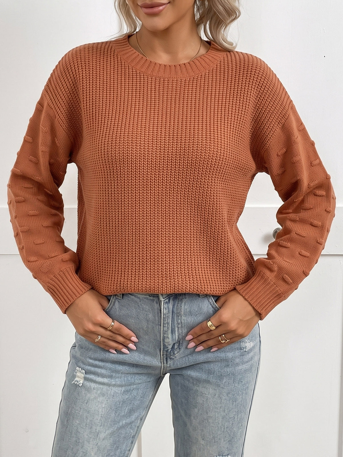 Women's Crewneck Bobble Sleeve Knit Sweater