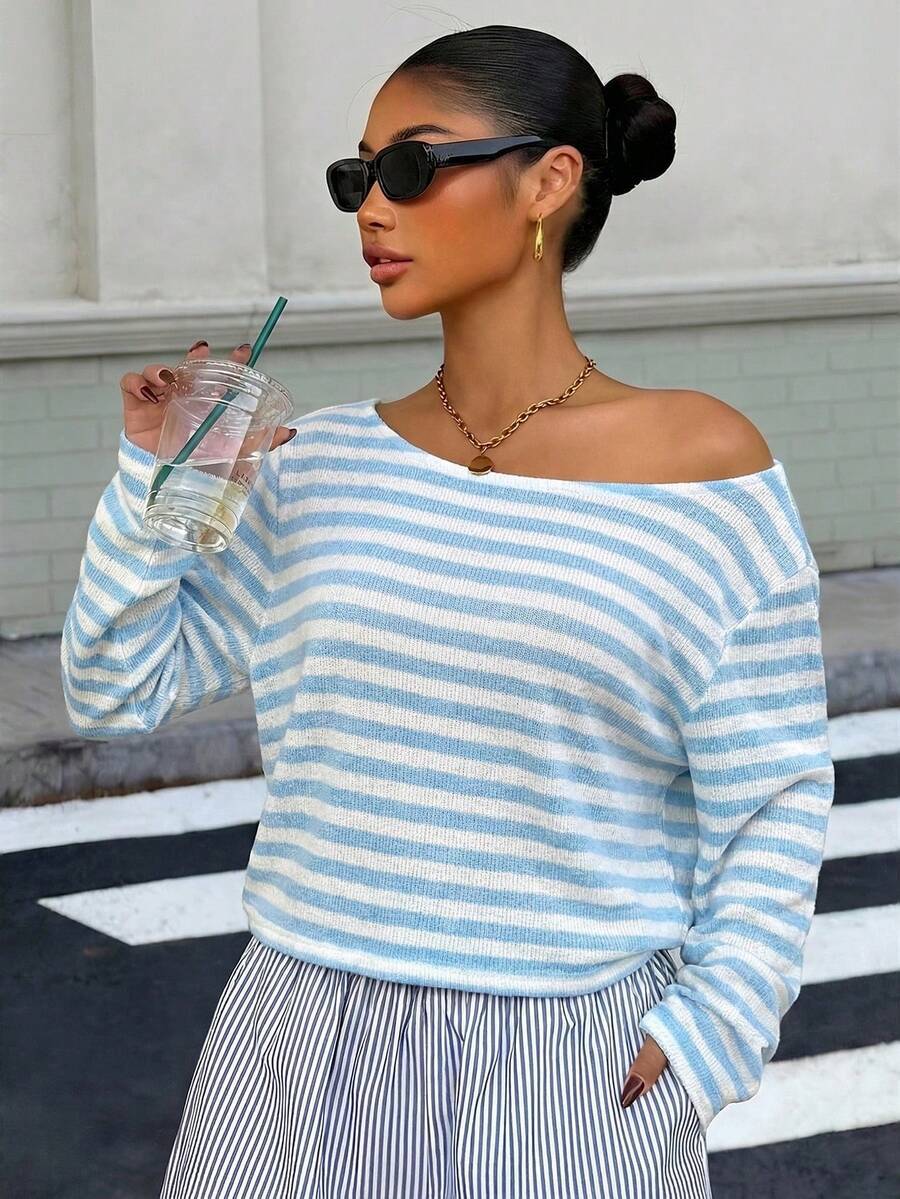 Striped Off Shoulder Long Sleeve Knit Top