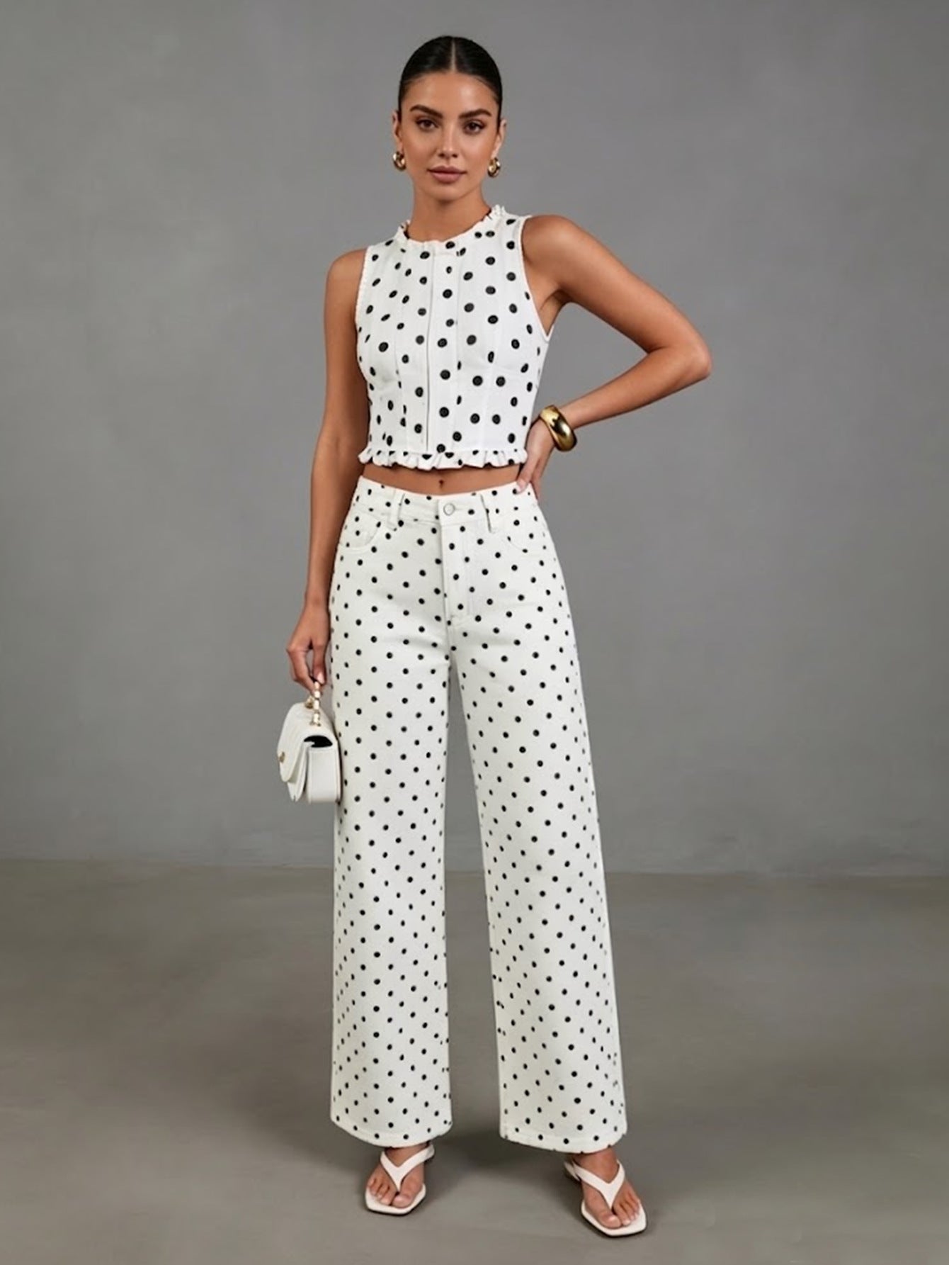 Polka Dot Denim Jeans Vintage High Waist Wide Leg