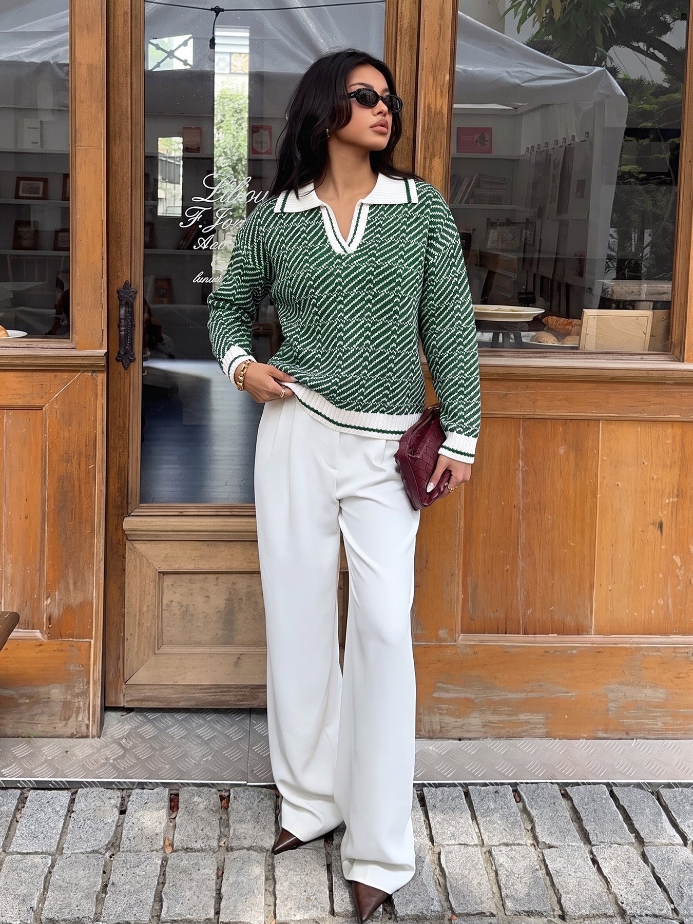 Contrast Polo Neck Knit Sweater Half Zip Casual Pullover