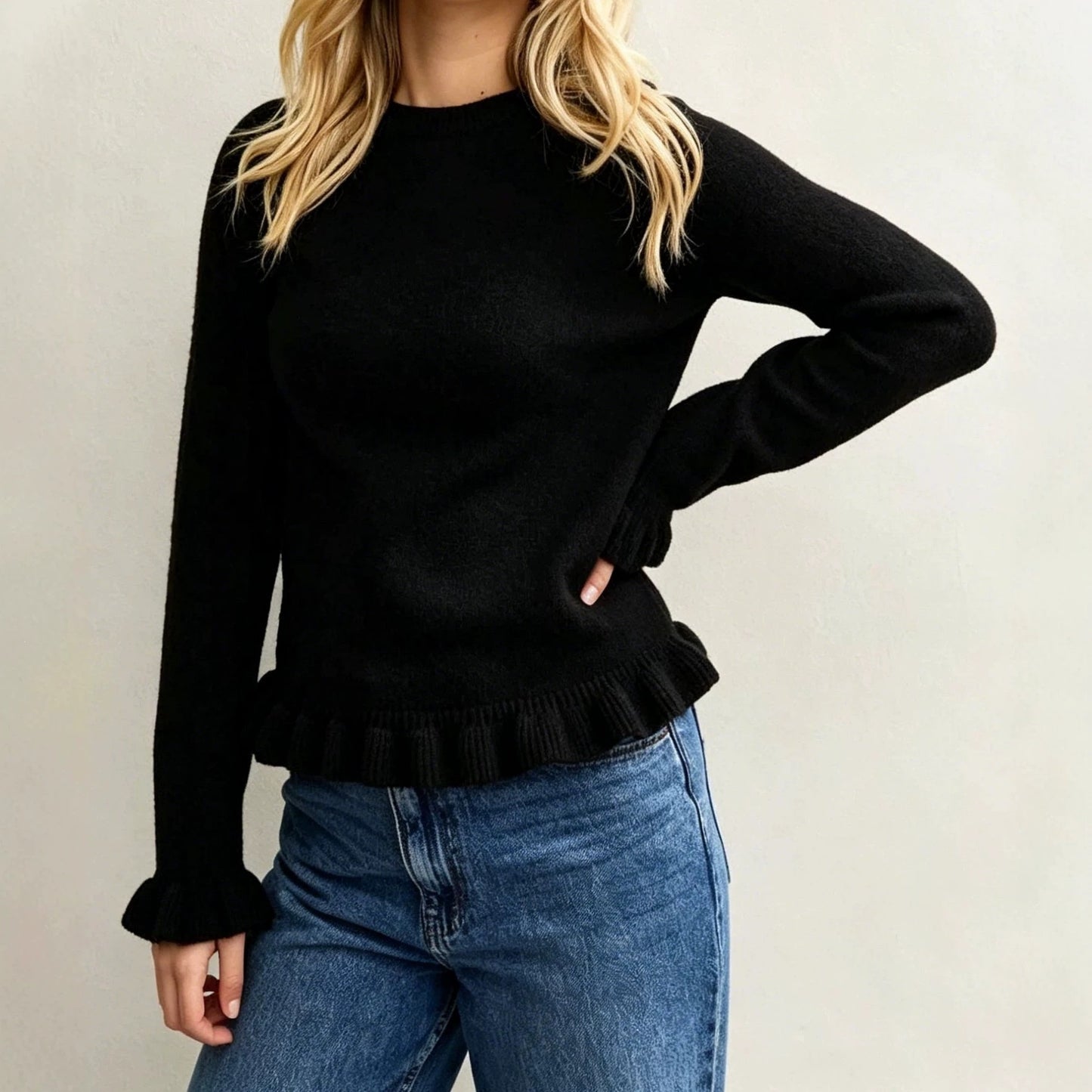 Ruffle Hem Crew Neck Long Sleeve Knit Sweater