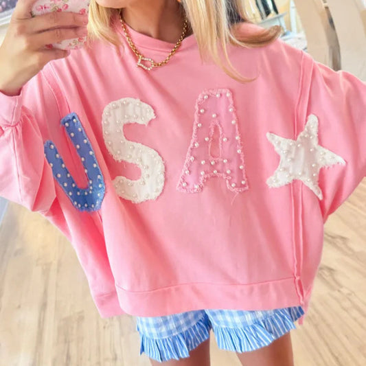 Women's USA Pearl Letter Patch Pink Oversized Sweatshirt Casual Long Sleeve Pullover