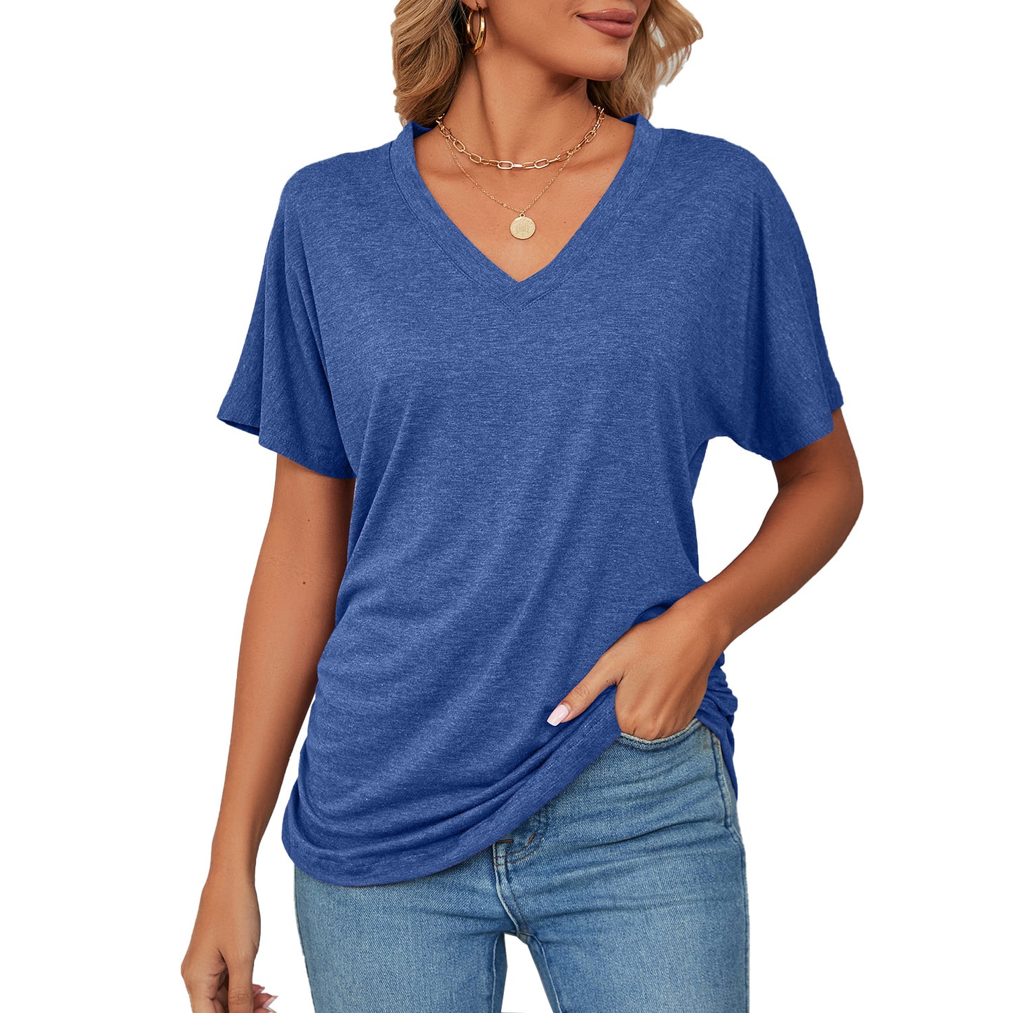 Basic V Neck Short Sleeve T Shirt Women Soft Loose Fit Casual Everyday Essential Top