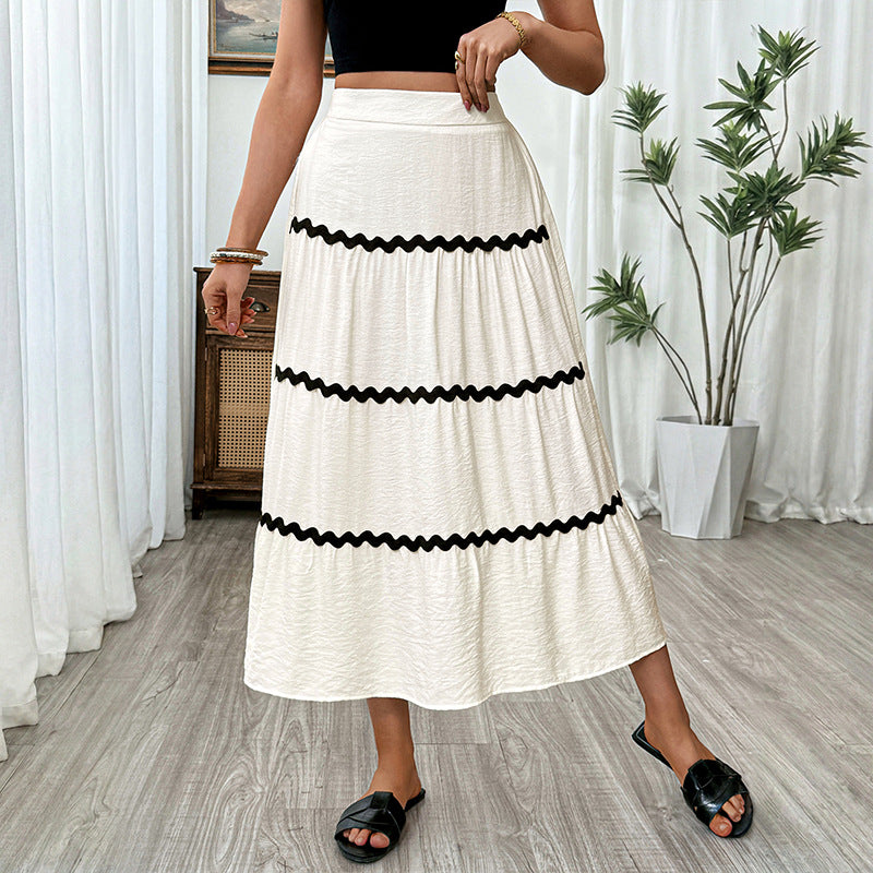 Contrast Trim Tiered Midi Skirt Elastic Waist Summer
