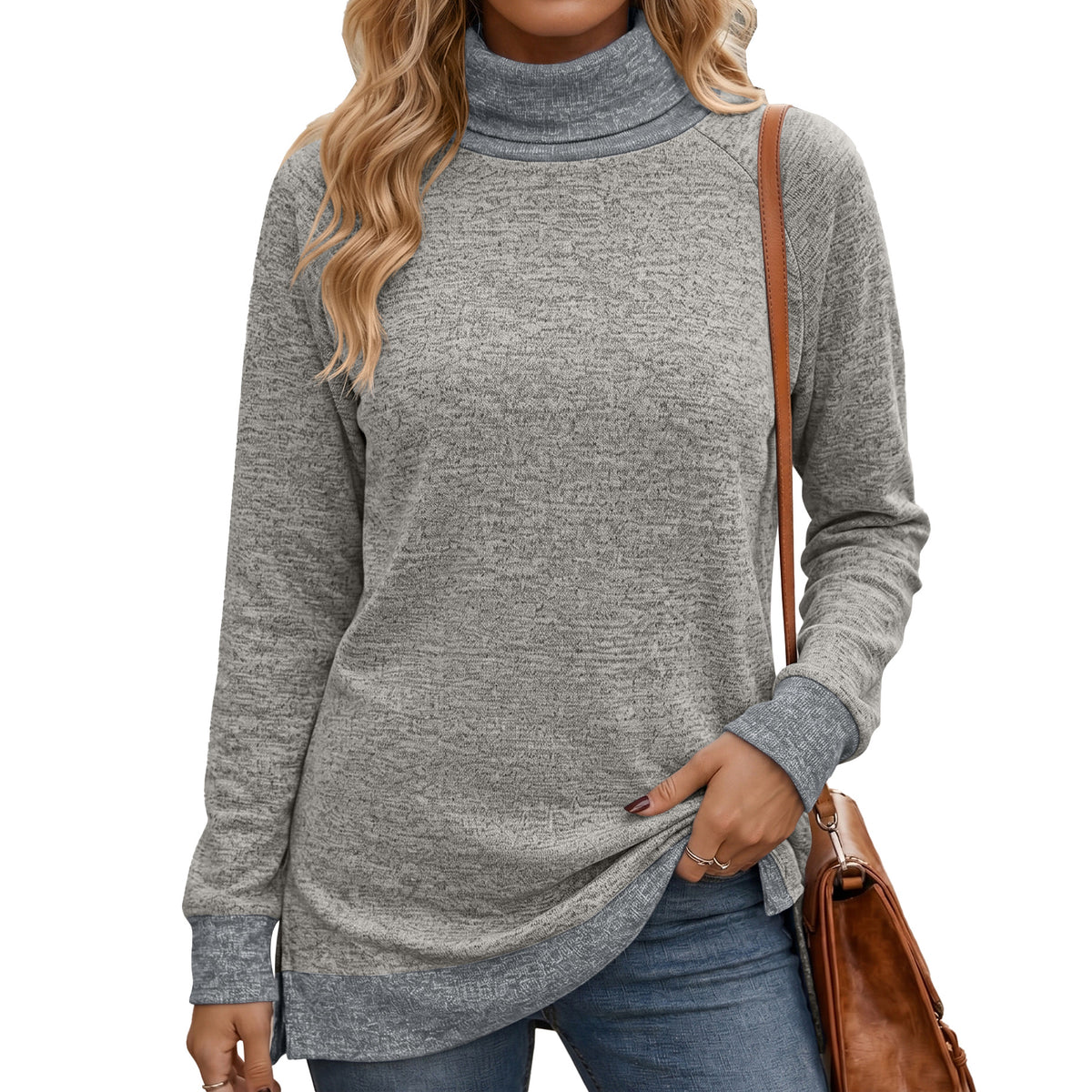 Color Block Turtleneck Long Sleeve Side Split Tunic Top