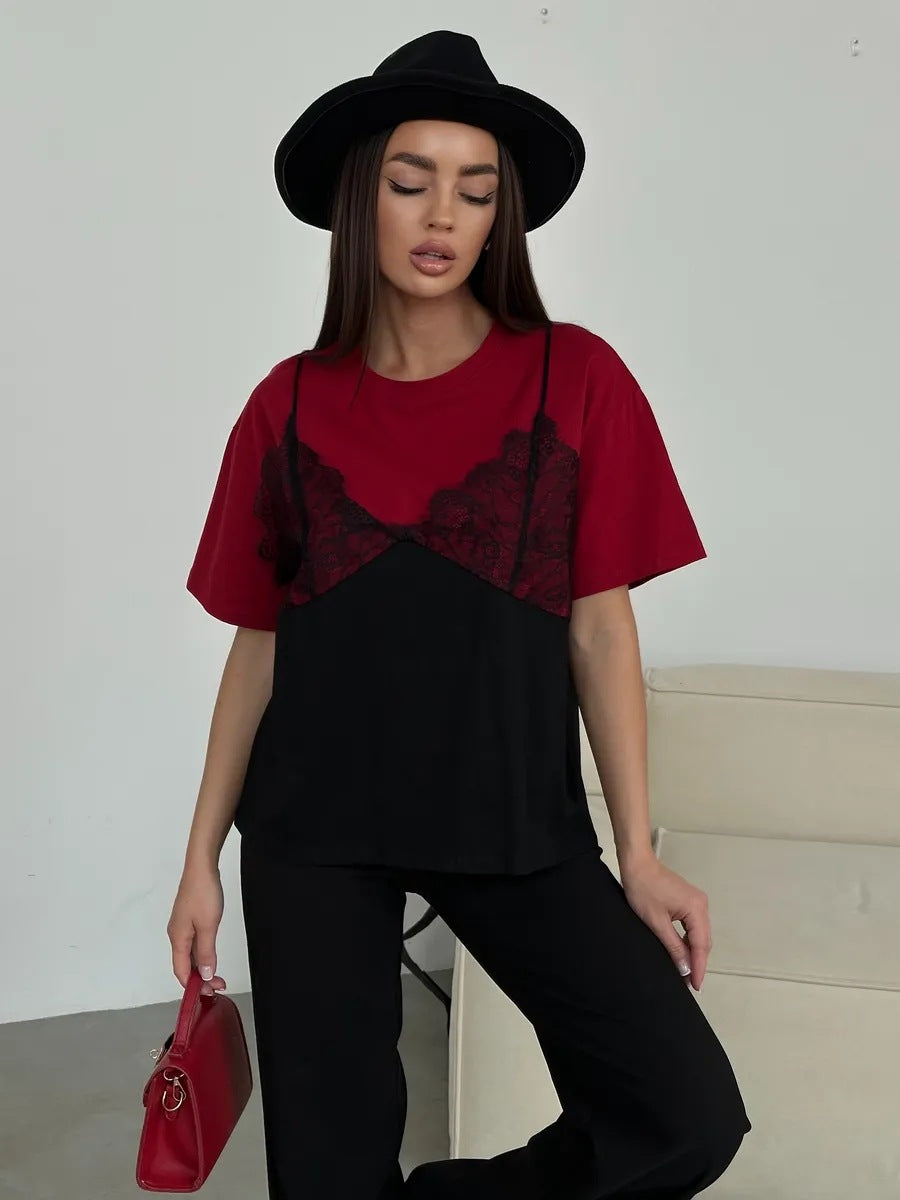 Lace Patchwork Cotton T Shirt Trendy Layered Loose Fit