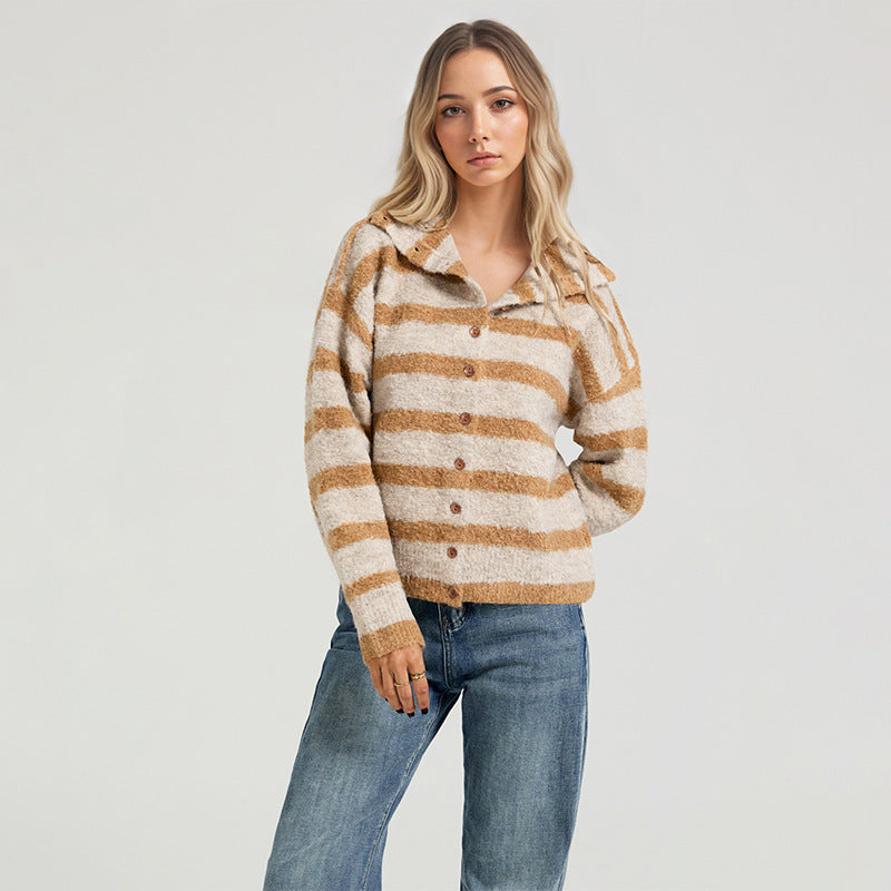 Oversized Striped Chunky Cardigan Button Front Sweater