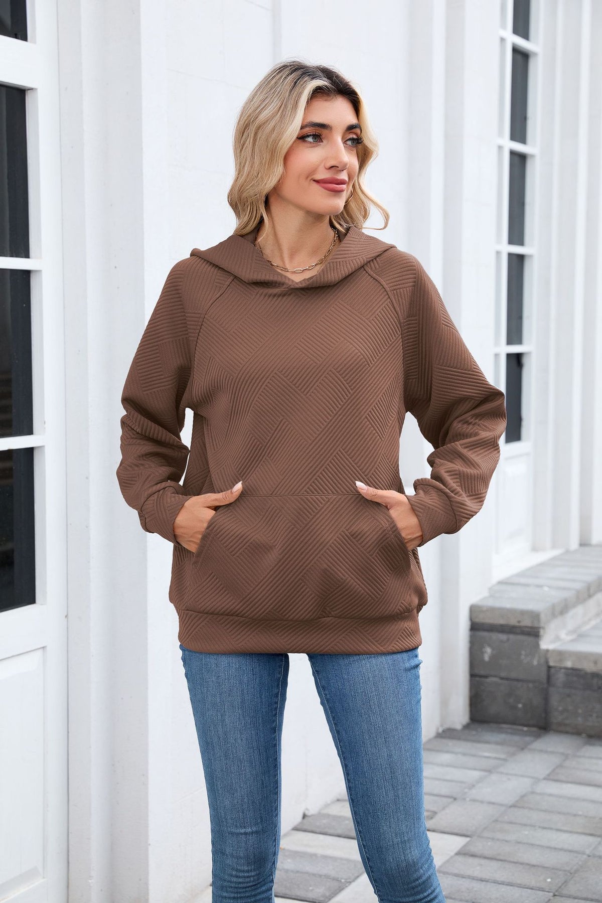 Women's Oversized Hoodie Textured Long Sleeve Pocket Top
