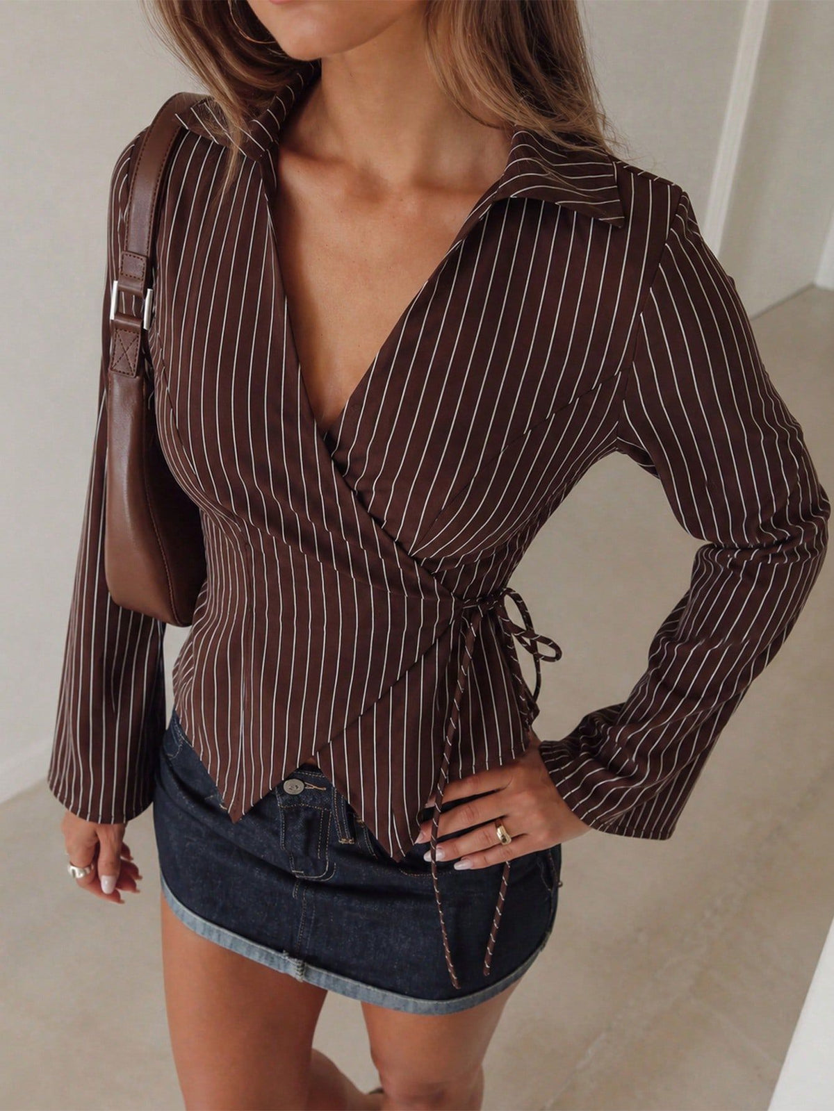 Striped Bell Sleeve Wrap Blouse Tie Waist Top