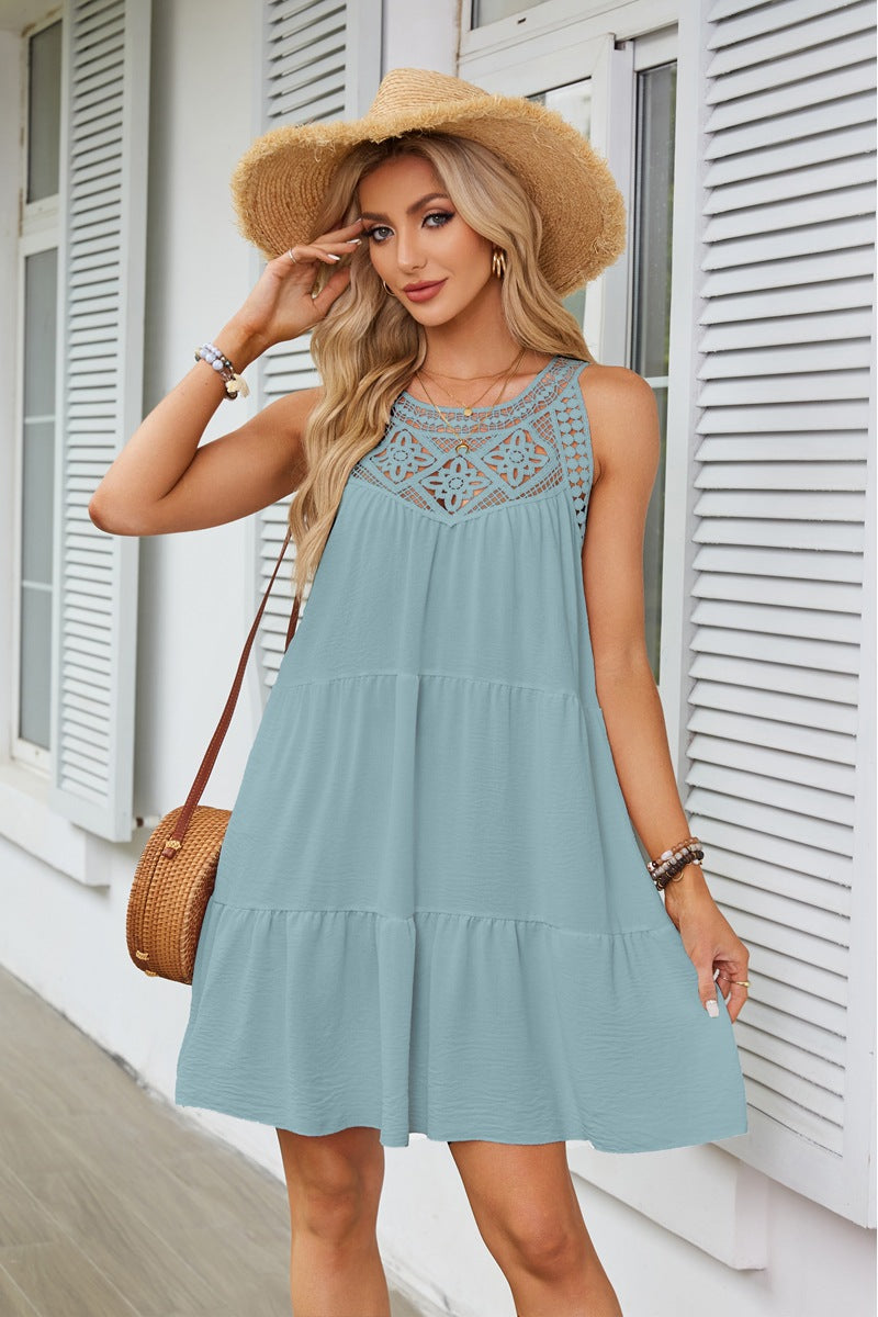 Halter Neck Lace Trim Tiered A Line Summer Dress