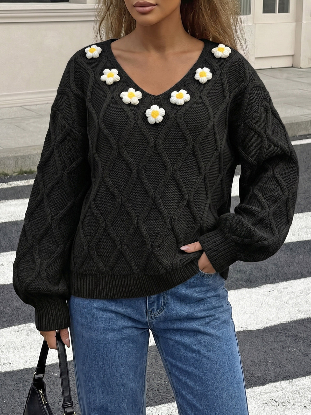 Women's Daisy V Neck Cable Knit Balloon Sleeve Sweater