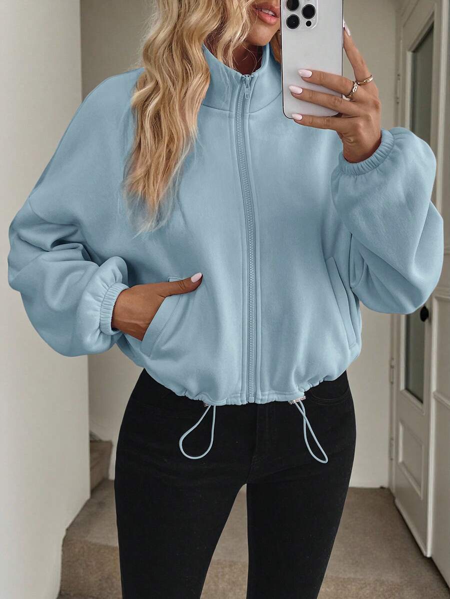 Fleece Zip Up Jacket Drawstring Casual Cropped Outerwear