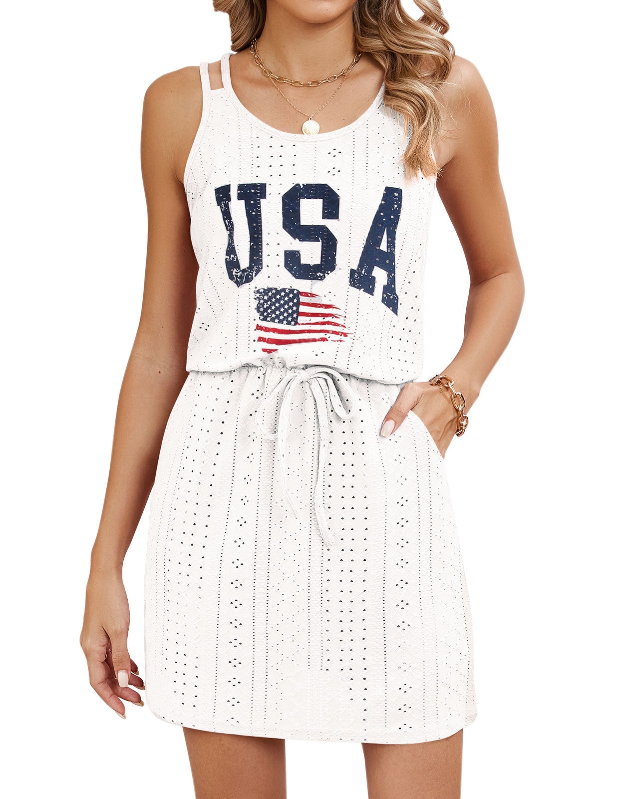 Eyelet Lace Sundress Resort Sleeveless Drawstring Waist