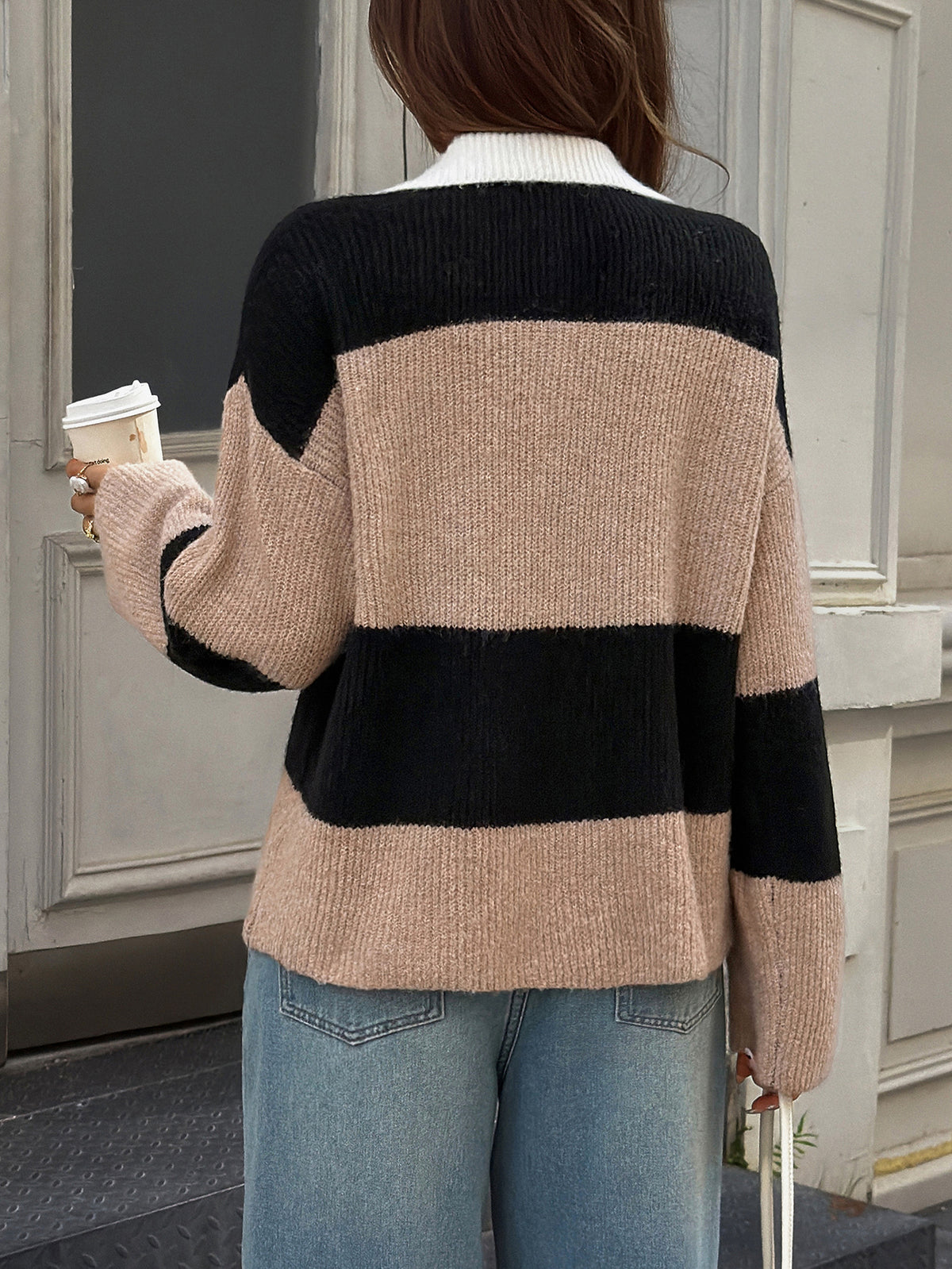 Women's Striped Polo Collar Knit Sweater Pullover