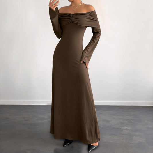 Chic Off-Shoulder Bodycon Maxi Dress in Brown