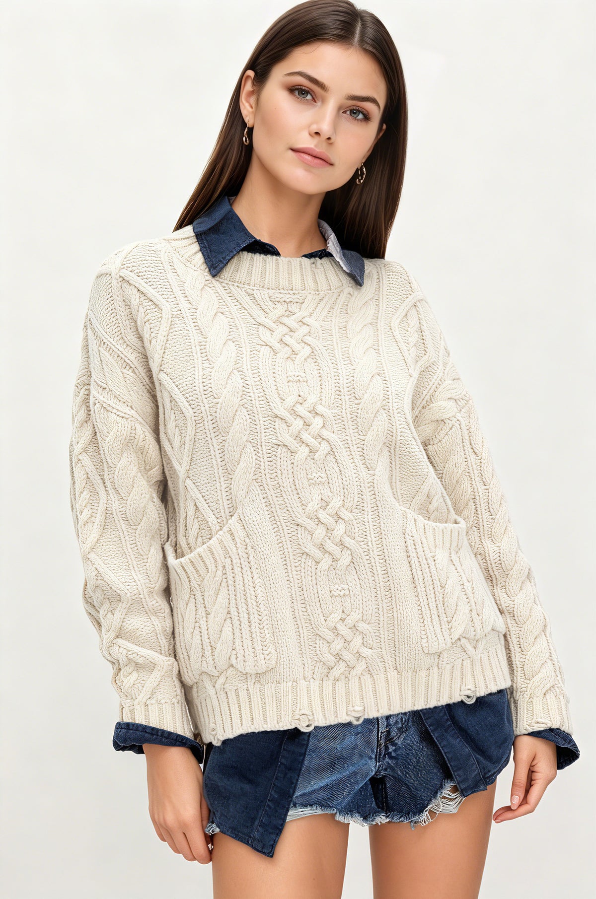 Women's Oversized Cable Knit Pullover Sweater with Pocket