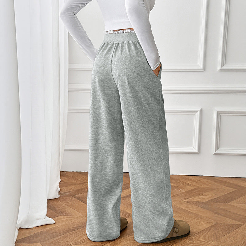 Lace Trim High Waist Casual Straight Leg Pants