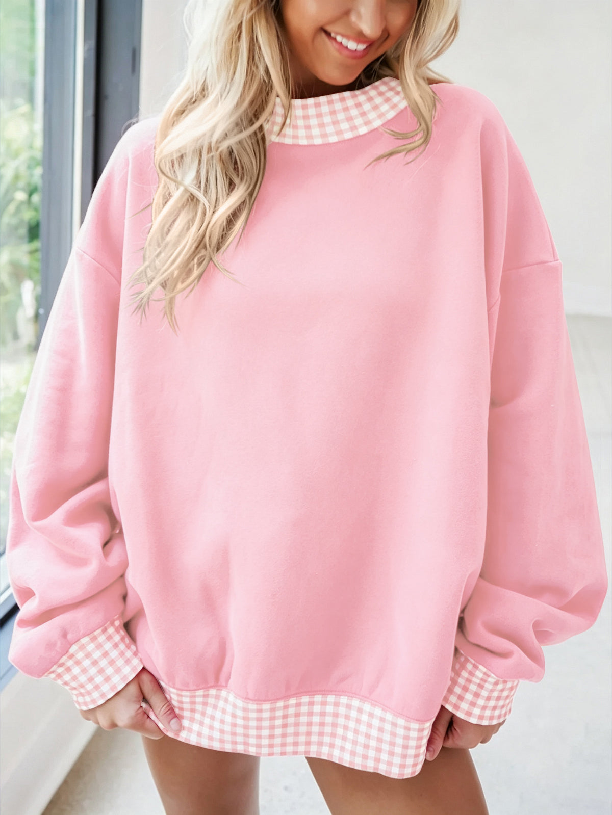 Women's Oversized Fleece Plaid Trim Mock Neck Sweatshirt