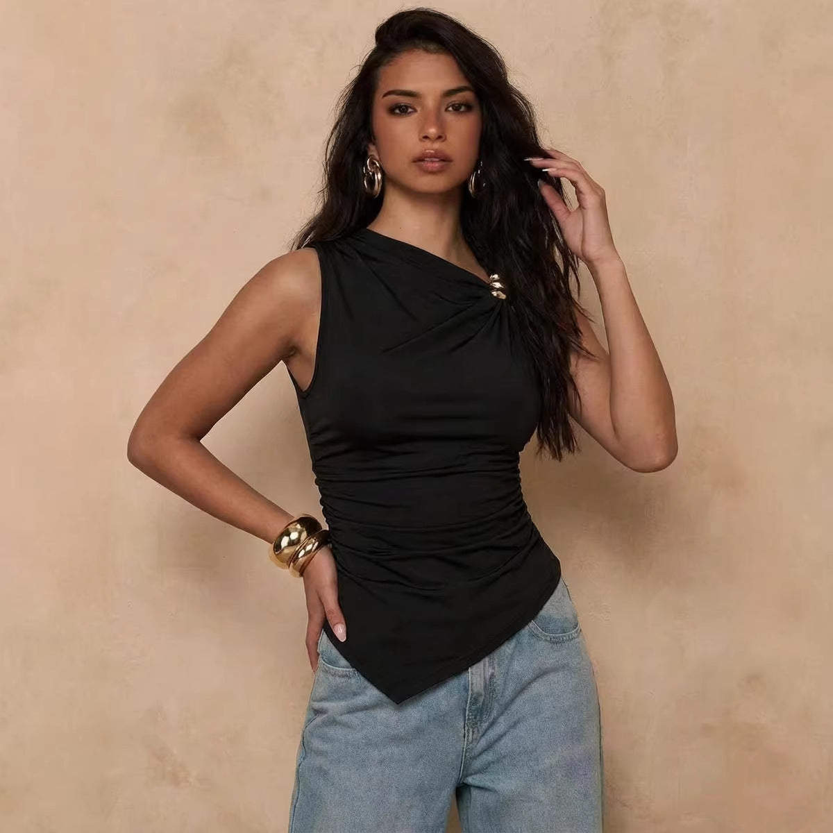 Black Asymmetrical Ruched Sleeveless Top with Metal Detail