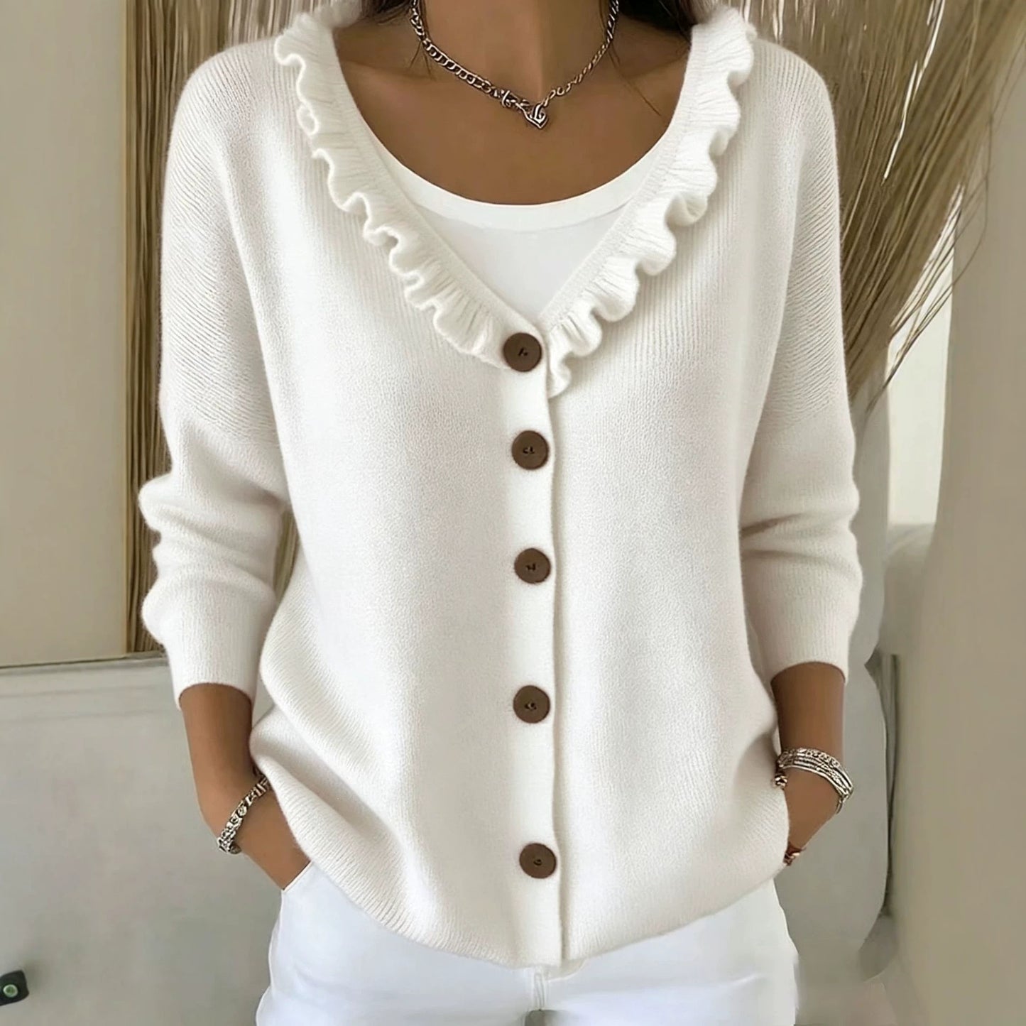 Ruffle Trim V Neck Button Front Knit Cardigan