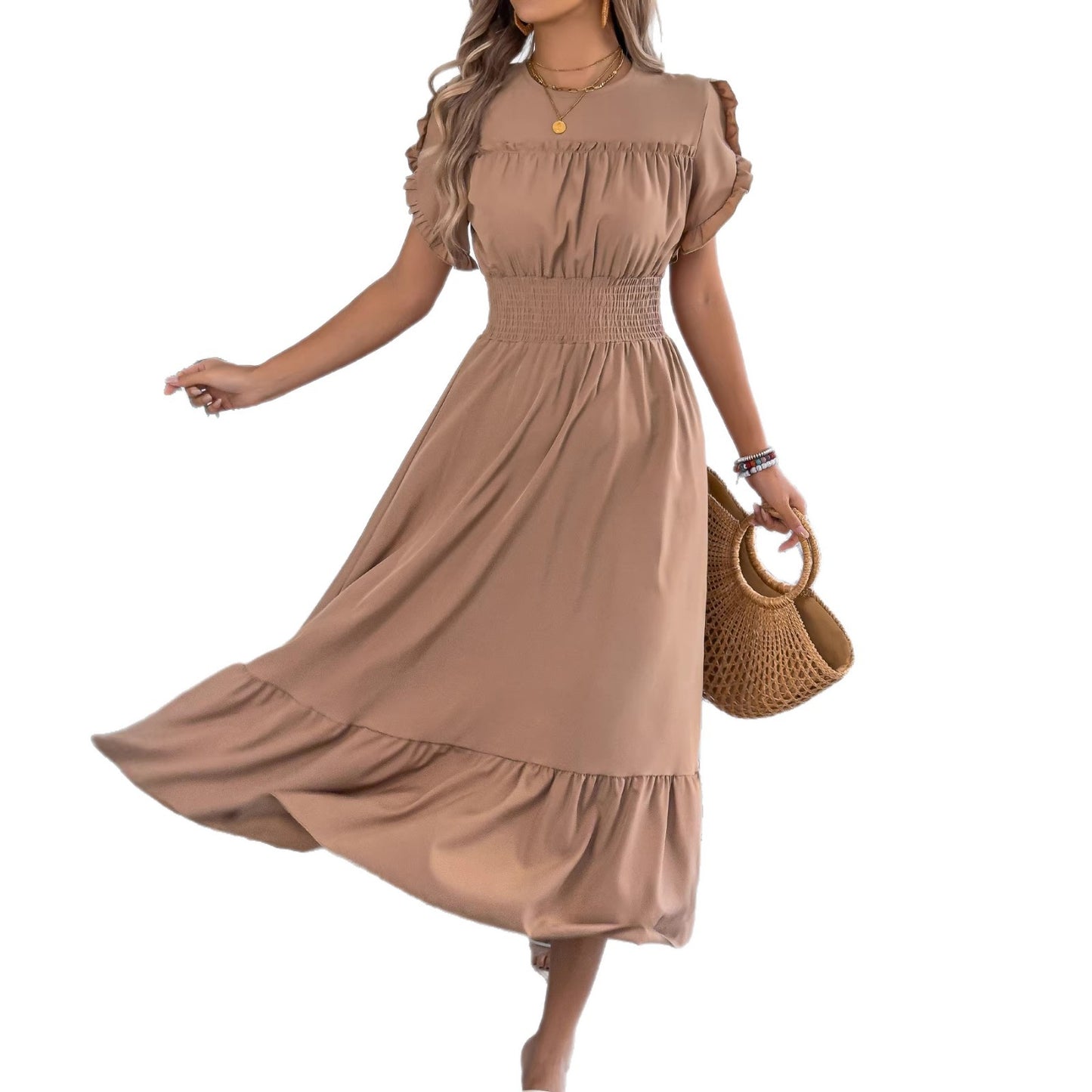 Green Smocked Waist Ruffle Hem Short Sleeve Maxi Dress