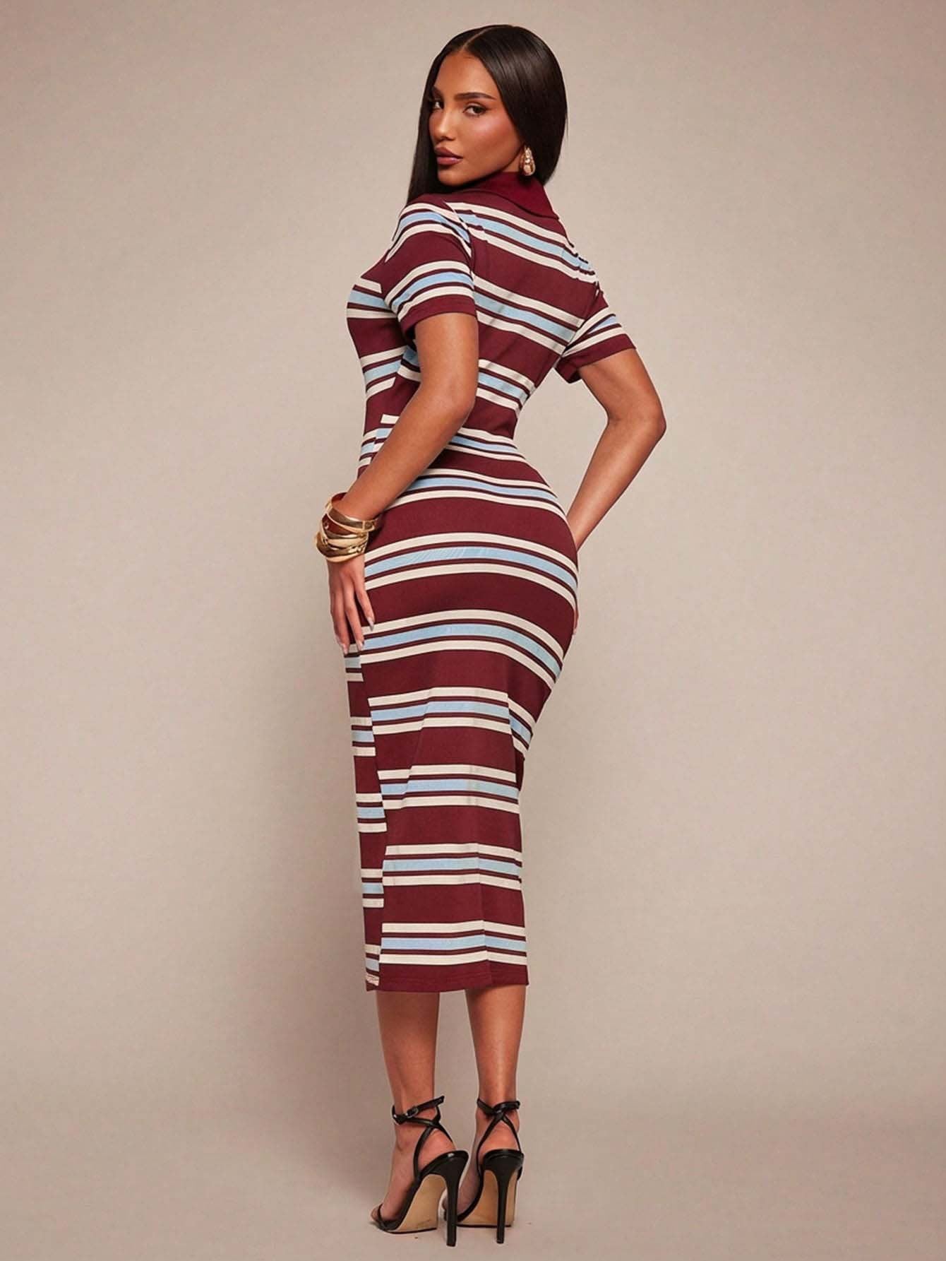 Striped Polo Collar Bodycon Midi Dress Short Sleeve Casual  Wear