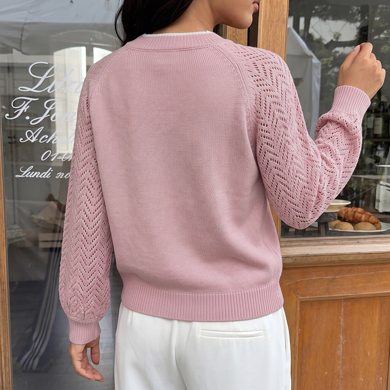 Solid Knit Sweater V Neck Pointelle Sleeve Slim Fit