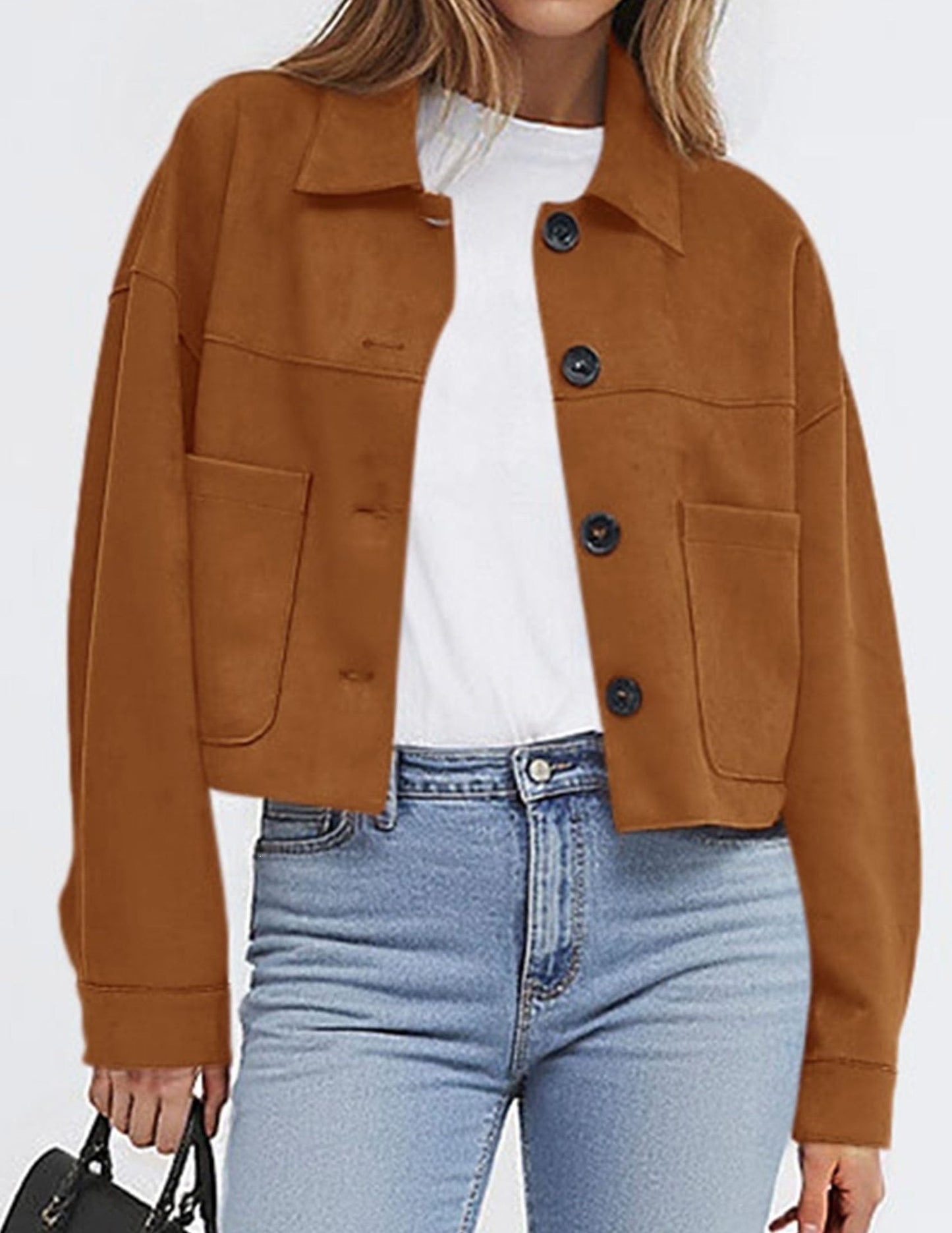 Solid Suede Jacket Western Cropped Button Front