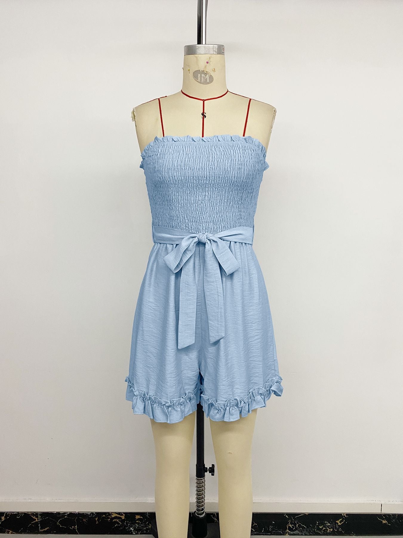 Strapless Smocked Ruffle Hem Summer Romper with Belt