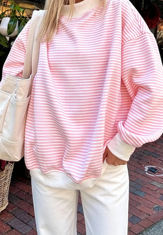 Striped Cotton Sweatshirt Oversized Long Sleeve Top