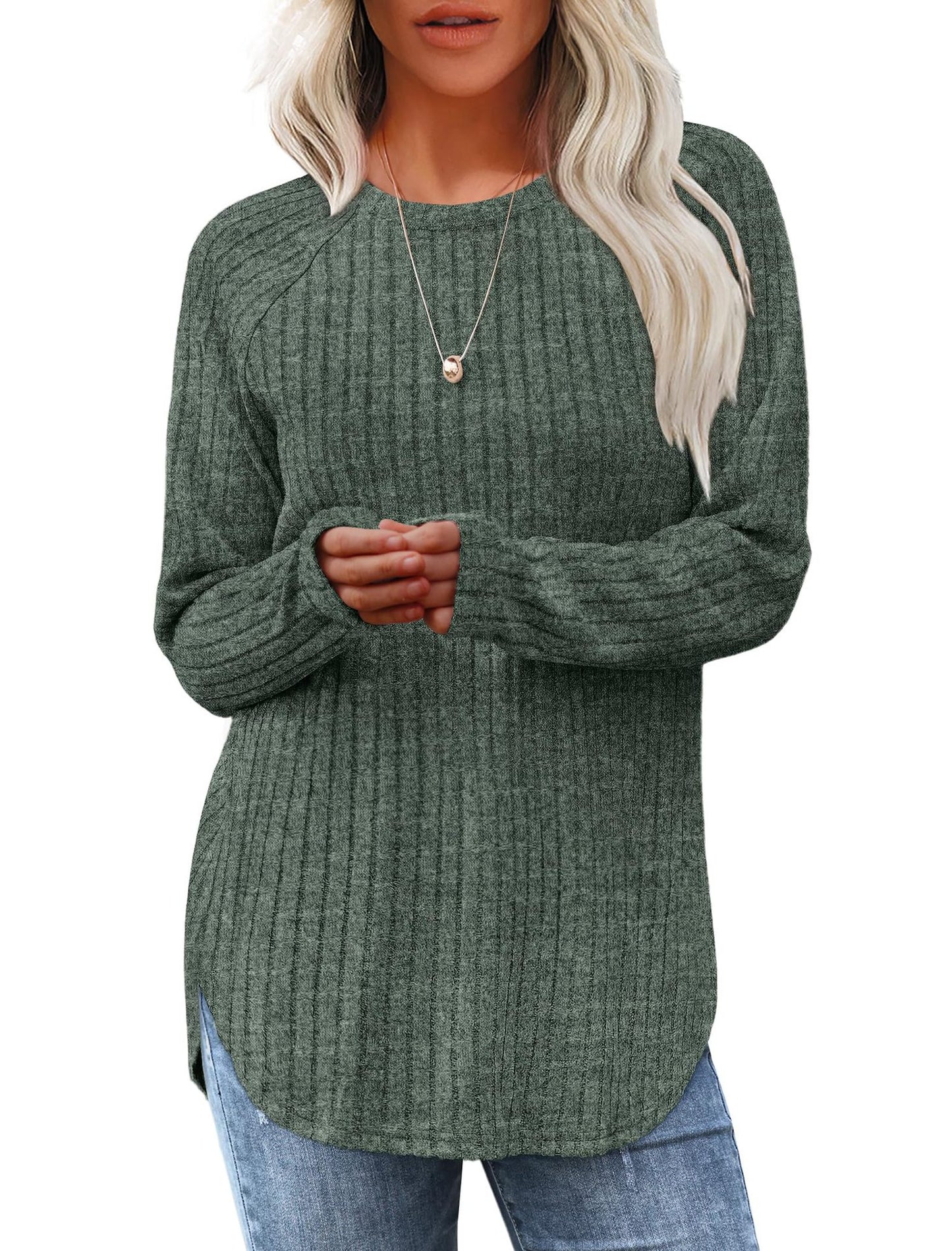 Solid Ribbed Knit Tunic Top Curved Hem Long Sleeve