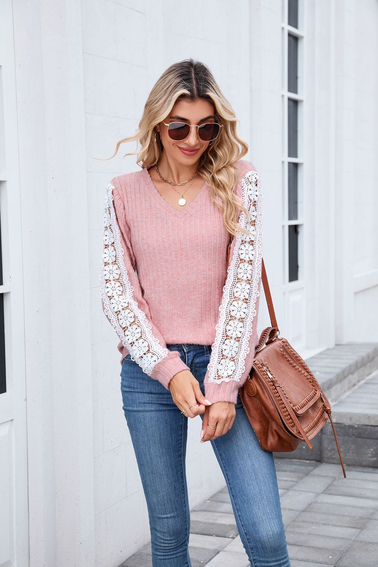 Women's V-Neck Lace Trim Ribbed Knit Tunic Top