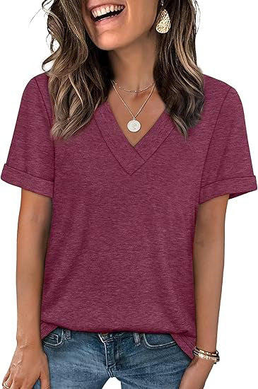V Neck Basic Tee Short Sleeve Casual Loose Fit Top