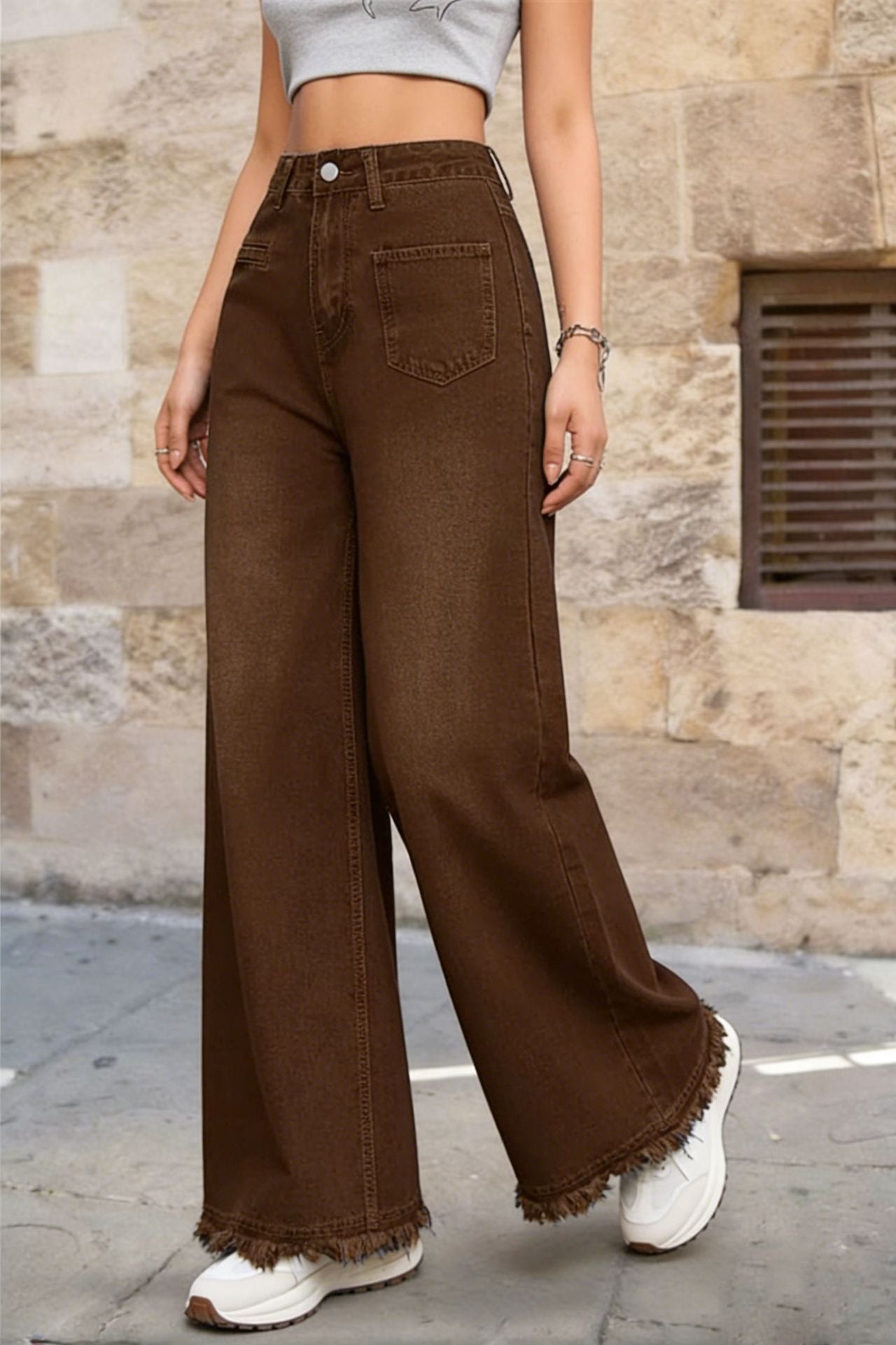 Washed Denim Jeans Vintage High Waist Wide Leg Fringe