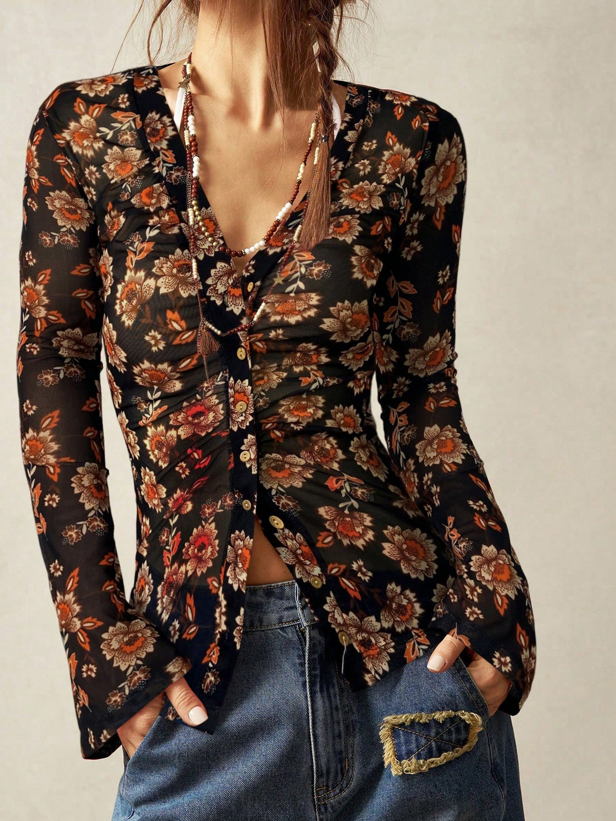 Women's Ruched Floral Mesh Blouse V-Neck Leopard Sleeves