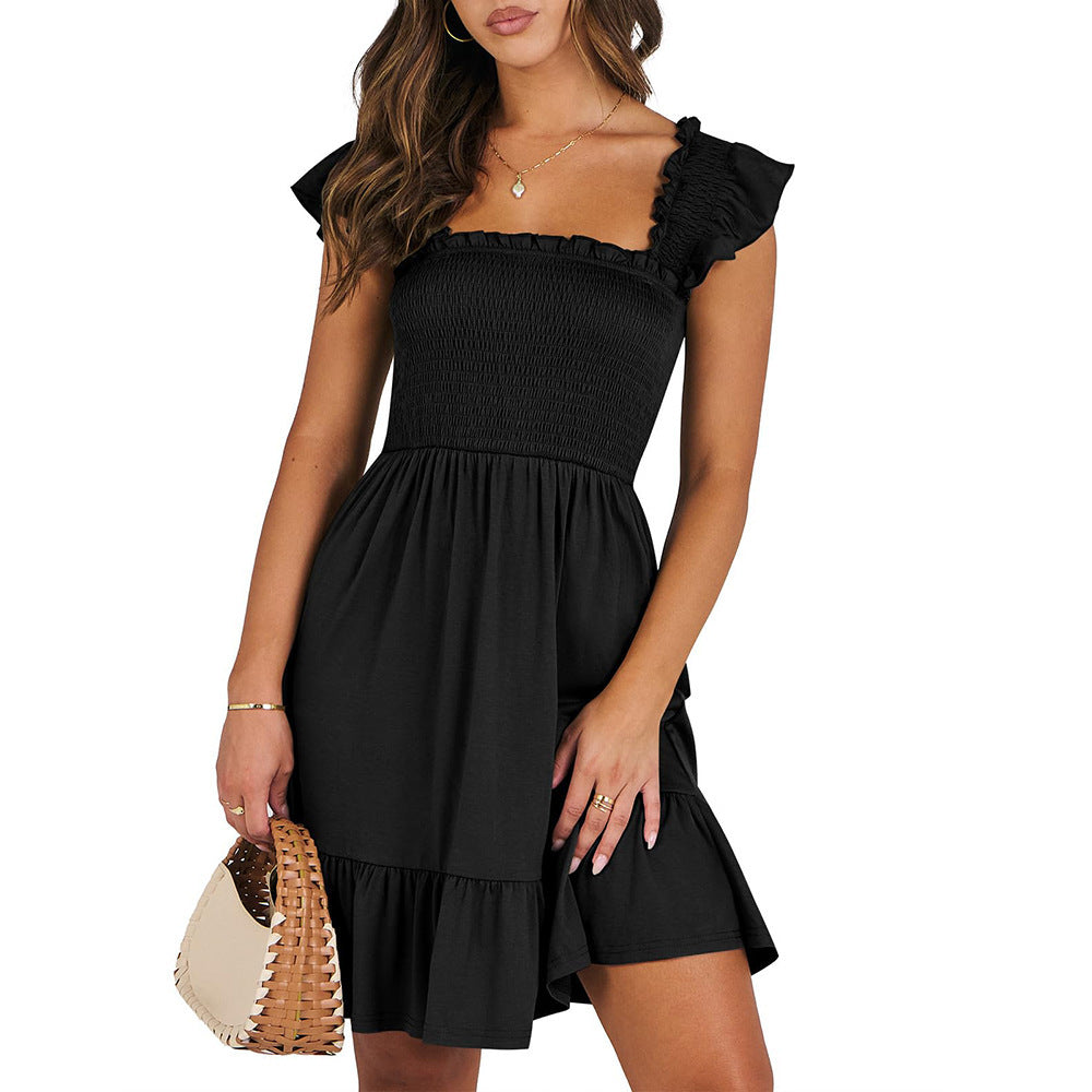 Women’s Smocked Square Neck Ruffle Sleeve Mini Dress Casual Summer Flowy A Line Dress