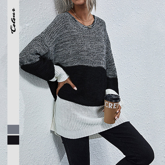 Color Block Round Neck Long Sleeve Knit Sweater
