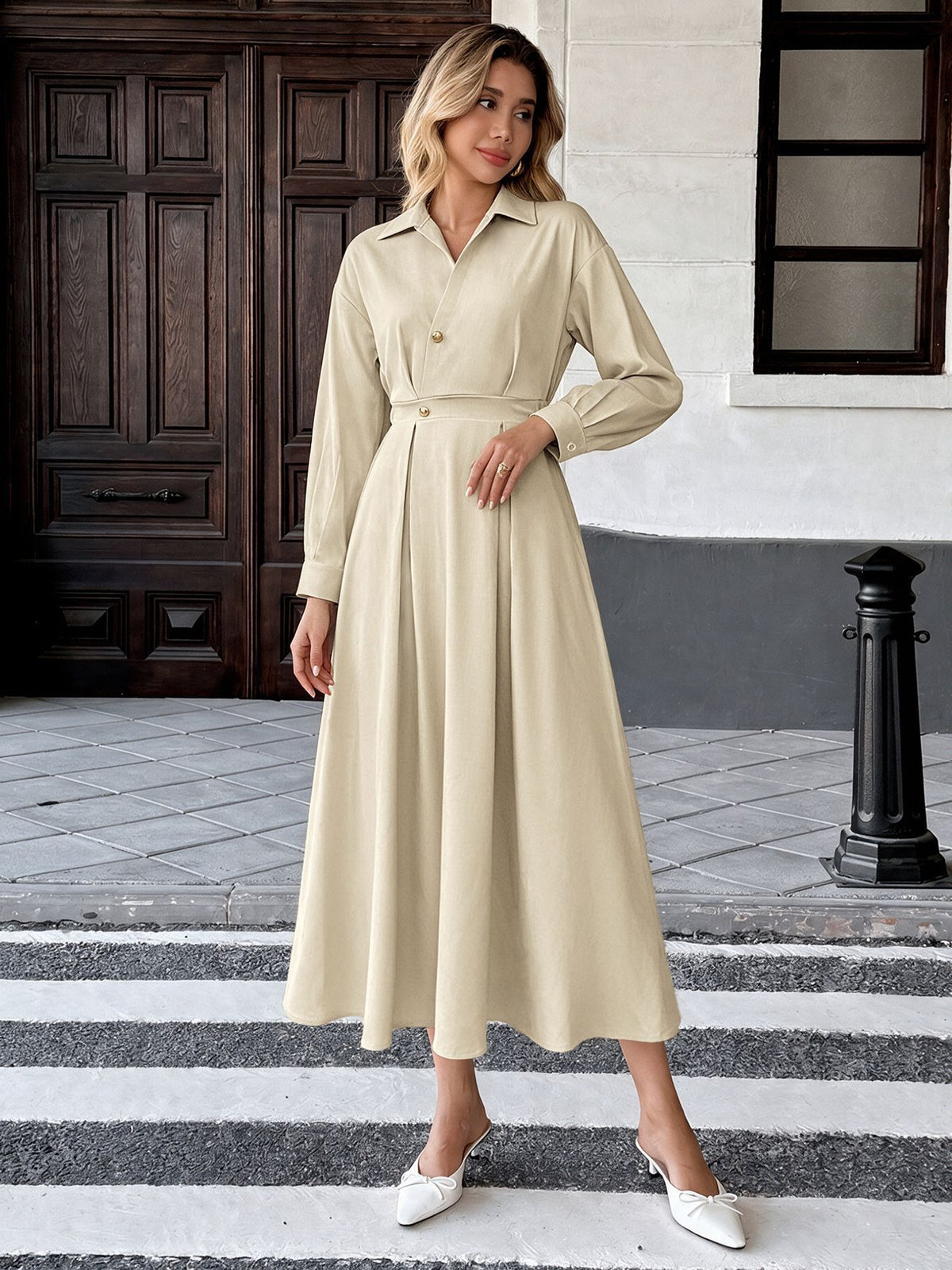 Long Sleeve Collared Maxi Shirt Dress A-Line Work Casual