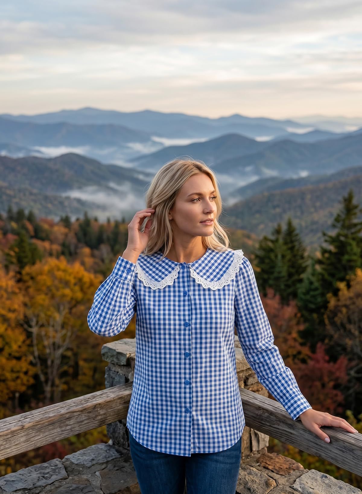 Gingham Lace Peter Pan Collar Long Sleeve Blouse