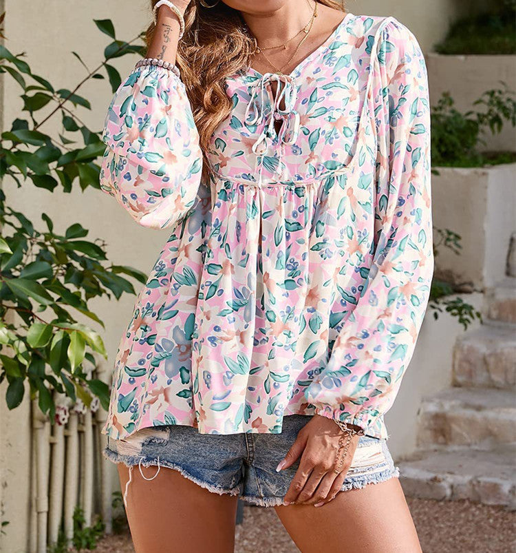 Floral Tie Neck Blouse Ruffle Long Sleeve Relaxed Fit
