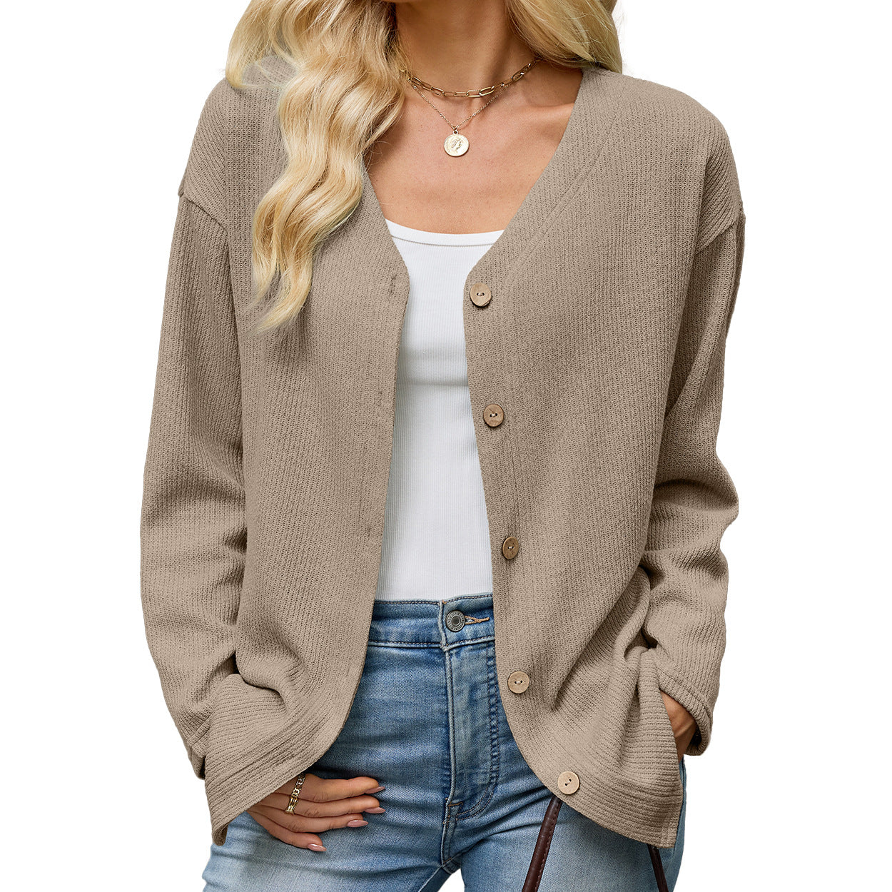 Women's Long Sleeve V Neck Button Front Loose Knit Cardigan