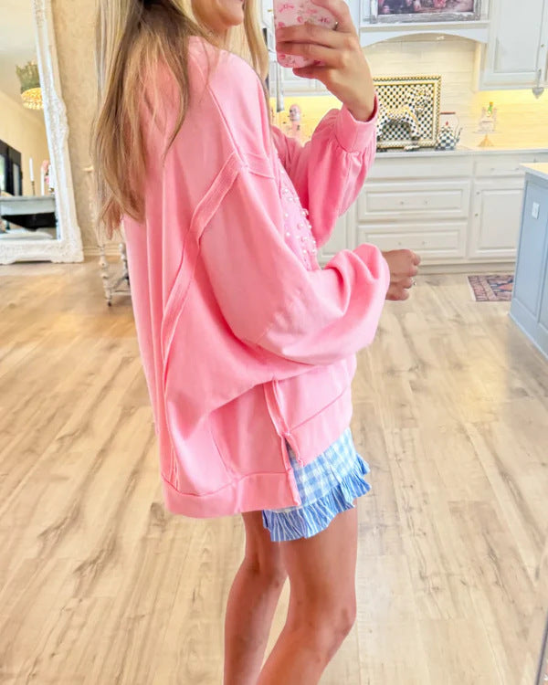Women's USA Pearl Letter Patch Pink Oversized Sweatshirt Casual Long Sleeve Pullover