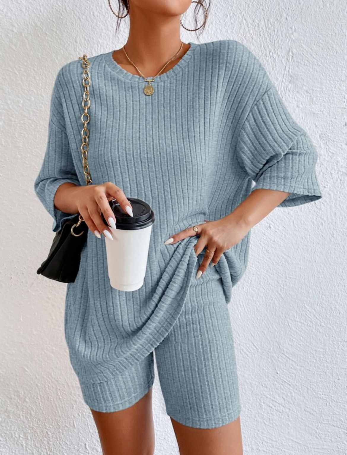 Ribbed Knit Two Piece Set Oversized Top & Biker Shorts