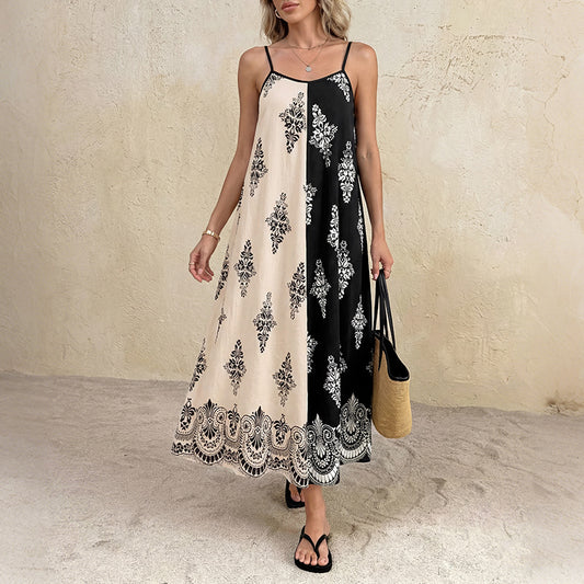 Black White Boho Print Spaghetti Strap Maxi Dress