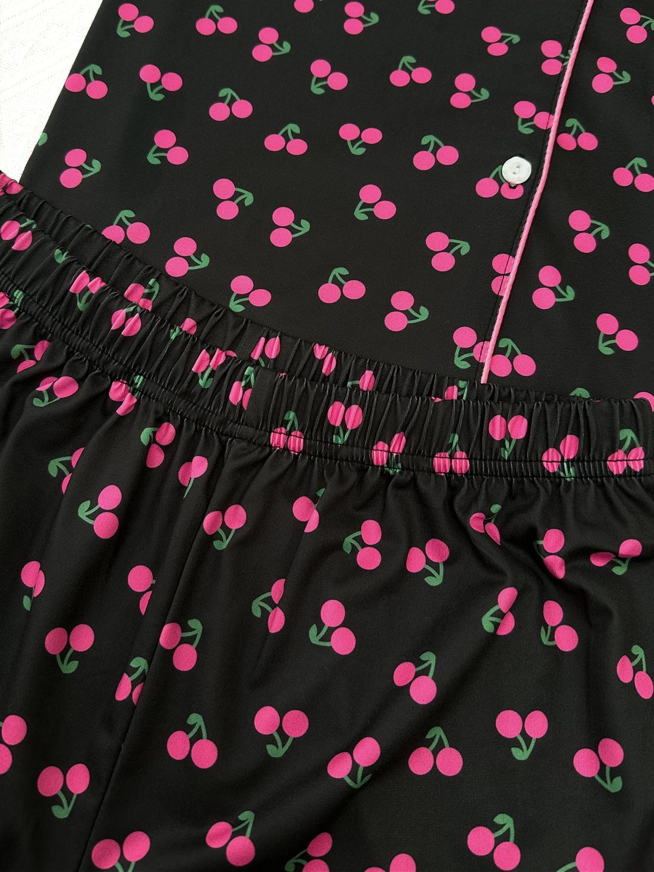 Cherry Print Short Sleeve Button Pajama Set for Women