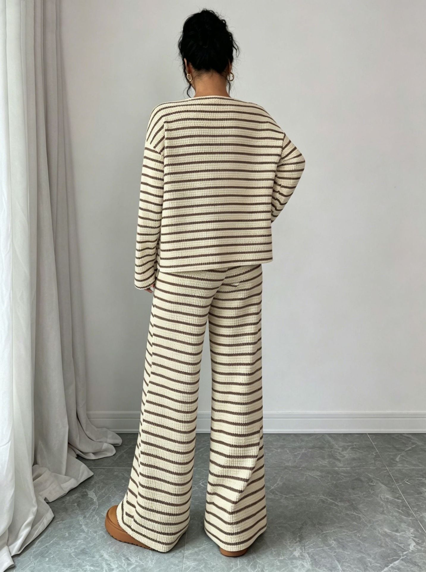 Striped Knit Jumpsuit Boutique Wide Leg Ribbed Loungewear